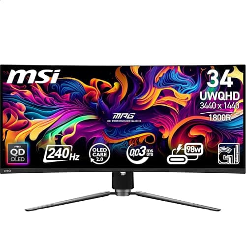 Image of MSI MPG 341CQPX QD-OLED 34 Inch UWQHD Curved Gaming Monitor - 3440 x 1440(21:9) QD-OLED Panel, 240Hz / 0.03ms, 99.3% DCI-P3, ΔE≤2, DisplayHDR True Black 400, DP 1.4a, HDMITM, USB Type C(PD:98W)