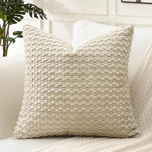 Image of Artscope Pom Poms Decorative Corduroy Cushion Cover 40x40cm Super Soft Boho Striped Square Pillow Covers Case Geometric for Sofa Couch Bedroom Car Decor Set of 1, Beige