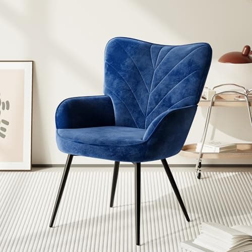 Image of COLAMY Velvet Accent Chair with Black Metal Legs, Modern Armchair with Ergonomic Backrest, Wide Seat & High-Density Foam,Vanity Chair for Living Room Bedroom Lounge or Dressing Table,Blue