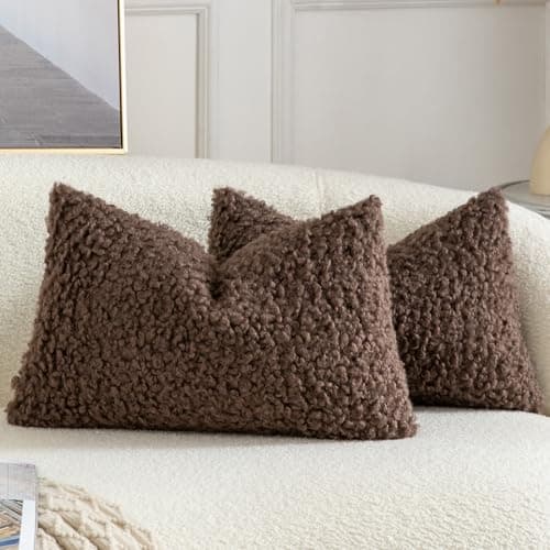 Image of YAERTUN Pack of 2 Faux Fur Cushion Covers Decorative Sherpa Boucle Throw Pillow Covers Fuzzy Soft Sheepskin Fleece Pillowcases for Couch Sofa Bed Living Room 12x20 Inch 30x50cm Chocolate