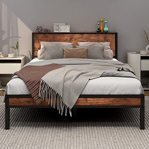Image of DUMEE Double Bed Frame with Wooden Storage Shelf Headboard, Metal Platform Bed Frame Double, No Box Spring Needed, Noise Free, Reinforced Strong Support Leg, Textured Black&Brown Oak1