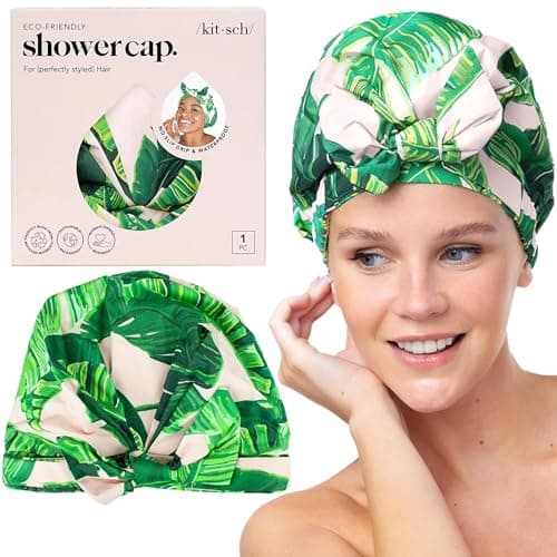 Image of Kitsch Luxury Shower Caps for Women Reusable Waterproof - Large Shower Cap for Women and Men, Non-slip, Quick-dry Hair Cap for Long & Short Hair, Comfortable and Stylish Design - Palm Leaves