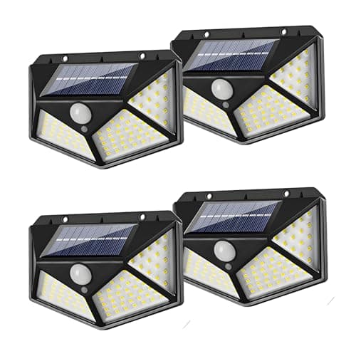 Image of Hqynss 100 LED Solar Security Lights Outdoor, 4 Pack 800mAh, 3 Modes Solar Motion Sensor Lights 270° Wide Angle IP65 Waterproof Solar Powered Durable Wall Lights Outside for Garden Fence Yard Pathway