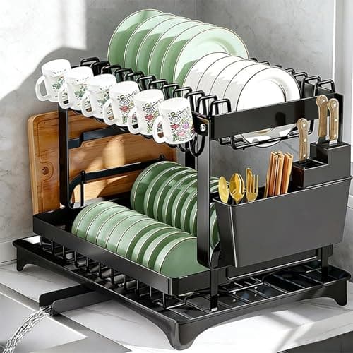 Image of Blendra 2-Tier Dish Sink Drainer Rack with Drip Tray & Rotating Drainage Spout – Space-Saving Dish Drying Rack Kitchen for Cups, Utensils, and Cutting Boards