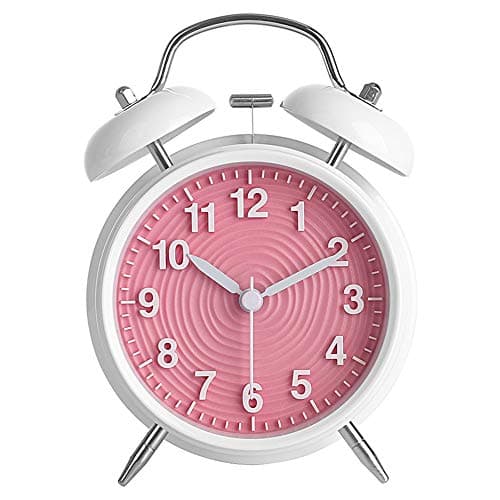Image of Topkey 4” Twin Bell Alarm Clock Non-ticking Bedside Table Travel Clock Vintage Alarm Clock With Nightlight and Loud Alarm, Battery Operated (Not Included) - Pink