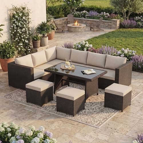 Image of Garden Vida Belgrave 9 Seater Rattan Set | Brown | Complete Outdoor Garden Dining Table Set | Steel Frame & PE Wicker | UKFR Certified | Weather Resistant, Tempered Glass, and with Cushions