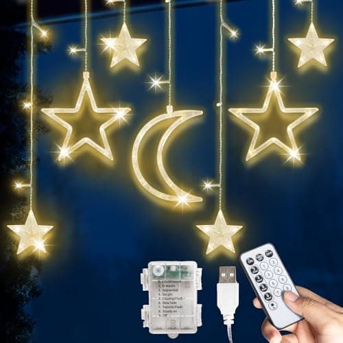 Image of GloBrite Christmas Decorations Curtain String Lights - 138 LED Curtain w/Star & Moon Shapes, USB or Battery Powered Fairy Lights for Bedroom, Garden & Patio w/Remote, 8 Modes & Memory - Warm White