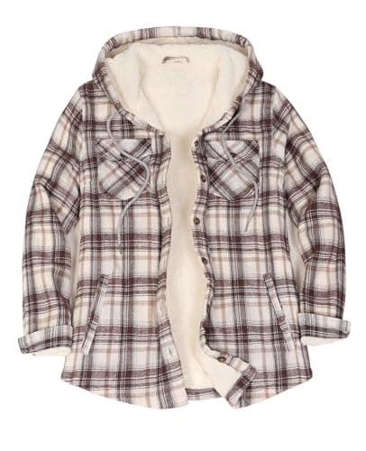 Image of ZENTHACE Women's Sherpa Lined Plaid Flannel Jackets Button Down Hooded Flannel Shirt Jackets Warm Shacket(All Sherpa Lining), Cocoa Cream, S