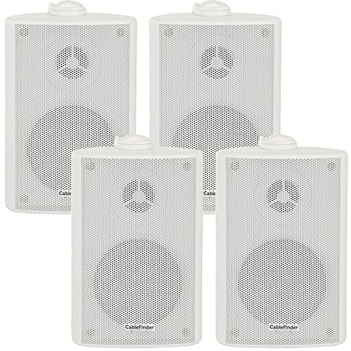 Image of (2 PAIR) 4x 4” 70W White Outdoor Rated Speakers *Wall Mounting HiFi Brackets Included* 8Ohm & 100V Perfect for Outside Garden Parties, Rain & Weatherproof IP54 Passive Cabinet - Loops