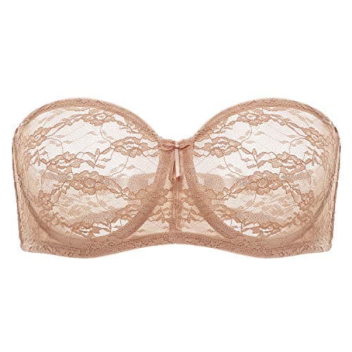 Image of DOBREVA Women's Strapless Bras See Through Sheer Lace Non Padded Underwired Multiway Bra Natural 38E