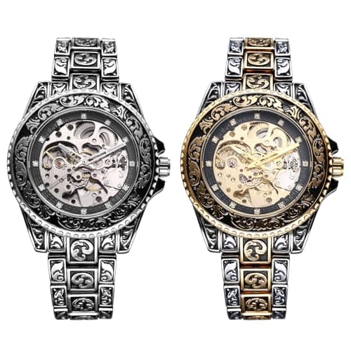 Image of JewelryWe Men's Watch Vintage Skeleton Automatic Watch 36 Hours Power Reserve Automatic Mechanical Watch Men's Stainless Steel Automatic Watch with Luminous Hands, Diamond Scale & Rotating Bezel, 2