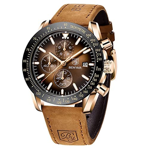 Image of BY BENYAR Mens Watches Analog Quartz Chronograph Waterproof Brown Leather Men's Wrist Watches Business Work Casual Sport Classic Big Face Dress Watch Unique Elegant Gifts for Men