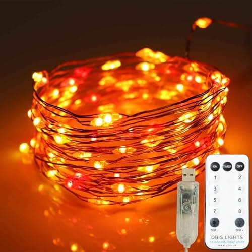 Image of Qbis USB Christmas Lights, 100 Micro LED Fairy String Lights, Thin Copper Wire, Remote Control, USB Plug, Timer, Multi Function, Adjust Brightness, Fireplace Lighting (Sunset (Red, Orange, Yellow))