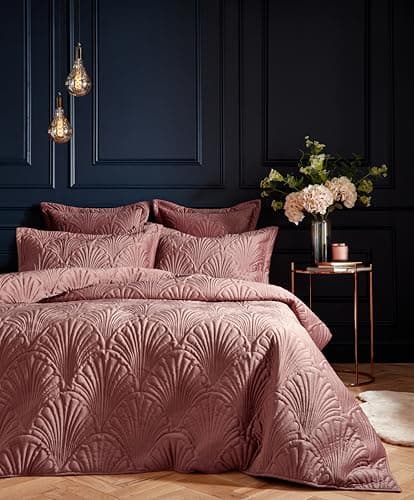Image of Paoletti Palmeria Quilted Duvet Cover Set – Luxe Embroidered Velvet Bedding (Blush – Double)