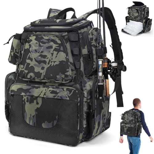 Image of LYtech 38L Fishing Tackle Backpack with Rod Holder - Waterproof Large Storage Outdoor Tackle Bag - Fishing Rucksack for Camping Hiking Traveling Cycling
