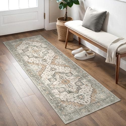 Image of BEIMO Entryway Runner Rug 60x120cm, Washable Hallway Runners Non Slip Low Pile Carpet, Easy Care, Vintage Ornaments Ethnic Bohemian, Grey and Orange