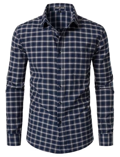 Image of PARKLEES Men's Lightweight Plaid Shirt Casual Slim Fit Checked Long Sleeve Button Down Shirts with Pocket Navy Plaid Large