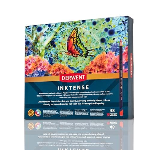 Image of Derwent Inktense Permanent Watercolour Pencils, Set of 48 in a Wooden Gift Box, 4mm Premium Core, Water-Soluble, Ideal for Colouring, Painting and Crafting, Professional Quality (2300151)