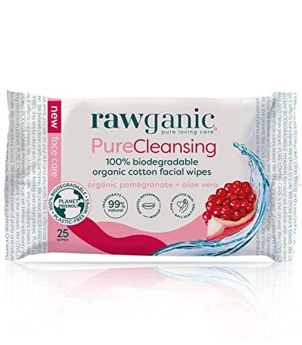 Image of RAWGANIC Pure Cleansing Anti-aging Facial Wipes with Pomegranate and Aloe Vera | Gentle Hydrating Biodegradable Makeup Removal Wipes | Organic Cotton Face Wipes | 1 Pack (25 wipes in total)