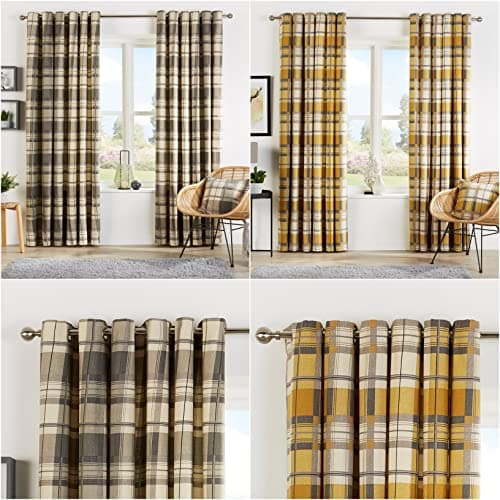 Image of LAWRENCE CAPRINO Pair of Eyelet Check Curtains Natural Fully Lined Ring Top Curtain for Bedroom Living Room-Grey Ochre with Matching Cushions Cover (Check Grey, 66" Width x 54" Drop (168 x 137cm))