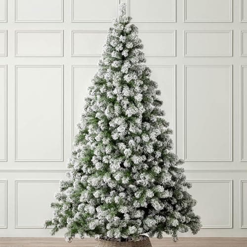 Image of Christow Flocked Christmas Tree 8ft, Snowy Artificial Chamonix Spruce Tree with Bushy Traditional PVC Tips, Hinged Branches, Slot-Together Poles & Green Metal Stand for Easy Display, 280cm x 145cm