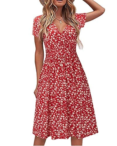 Image of STYLEWORD Women's Summer Dress Short Sleeve V-Neck Sundress Floral Wrap Waist Casual Dress with Pockets (floral19,Small)
