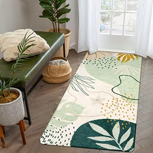 Image of KIMODE Washable Rugs 60 x 120cm, Non Slip Rugs for Bedroom, Area Rugs Living Room Green Botanical Prints Bedroom Rug Small Soft Short Pile Bath Mat Bedside Rug Indoor Front Floor Mat