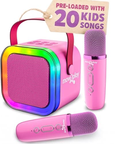 Image of Move2Play, Mini Karaoke Machine for Kids | Includes 20+ Kids Songs | 2 Microphones | Connect with Bluetooth | Birthday Gift | Ages 2, 3, 4, 5+ Year Old | Girls, Boys, & Toddler (Pink Pop)