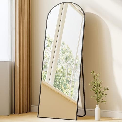 Image of Hzuaneri Full Length Mirror, 160 x 50 cm, Arched Floor Mirrors with Stand, Mirror Full Length Wall Mounted, Tempered Glass, Aluminium Alloy Frame, for Bedroom Living Room Entry, Black DM41999B