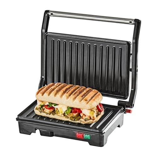 Image of Quest Panini Press and Grill Sandwich Maker/Compact Stainless Steel Design/Non-Stick Hotplates/Cool Touch Floating Hinge Handle/Automatic Temperature Control