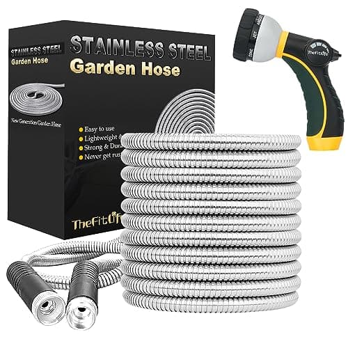 Image of TheFitLife Flexible Metal Garden Hose - Upgrade Leak and Fray Resistant Design, Stainless Steel Water Hose with Solid Fittings and Sprayer Nozzle, Lightweight Kink Free Durable Easy Storage (75 FT)