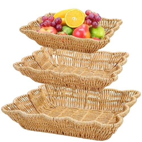 Image of Jucoan 3 Pack Poly Wicker Bread Baskets, Imitation Rattan Fruit Baskets, Rectangular Tabletop Woven Serving Baskets Trays for Fruits Vegetables and Snacks, Restaurant Hotel Kitchen