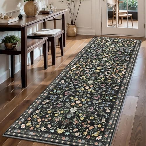 Image of XSIVOD Floral Runner Rugs for Hallway, Washable Rugs for Entryway Kitchen Runner, Soft Vintage Area Rugs for Bedroom Living Room Rug, Non Slip Floor Carpet for Home Deocor, 60x180 cm, Black/Harmony