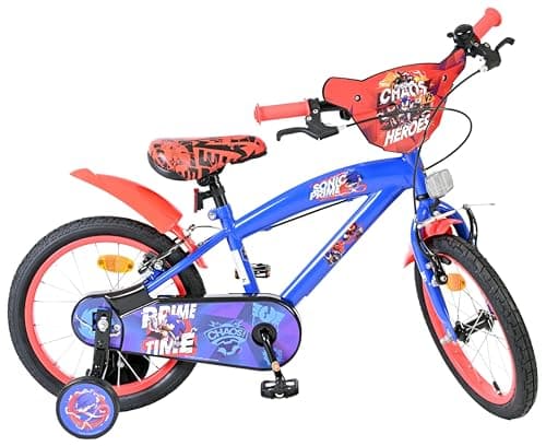Image of Volare SEGA Sonic Kids Bike | Ages 4-6 | 16 Inch Wheel | 2 Handbrakes (Front & Back Wheel), Removable Stabilisers, Chain Guard & Pedal Reflectors | Adjustable Saddle Height | Gift for Girls & Boys