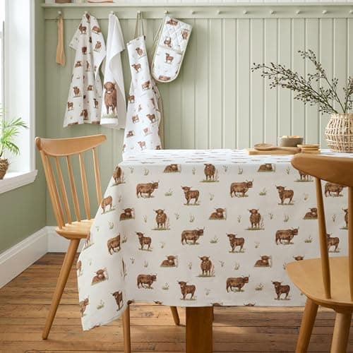 Image of Catherine Lansfield Angus Highland Cow Cotton 137x229cm Table Cloth Natural
