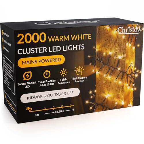 Image of CHRISTOW 2000 LED Cluster Christmas Tree Lights, Warm White Fairy Lights with Timer, 8 Light Modes, Energy Efficient 3mm Micro LEDs, Indoor & Outdoor, Mains Powered, Green Cable, 24.97m Lit Length