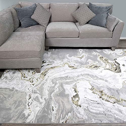 Image of Modern Designer Silver Grey Gold Marble Effect Area Rug Plush Anti Shed Lounge Living Room Carpet Rugs 80cm x 150cm