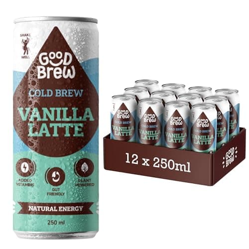 Image of GoodBrew Cold Brew Iced Vanilla Latte 12x 250ml - Plant Based Cashew & Oat Milk, Dairy Free Flavoured Cold Coffee - Low Sugar Iced Coffee Cans - Gut-Friendly Prebiotic Fibre and Vitamins A, D & E