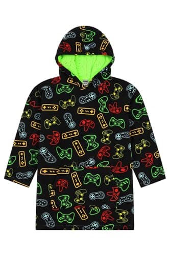 Image of ThePyjamaFactory Boys Video Game Controller Fully Lined Luxury Gaming Fleece Hoodie, Oversized Fleece Blanket Hoody For Kids 7-13 Years Black