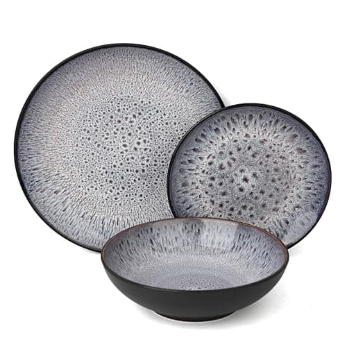 Image of Waterside 12pc Blue Purple Reactive Glaze Stoneware Dinnerware Set, 4 Dinner Plates, Side Plates and Bowls