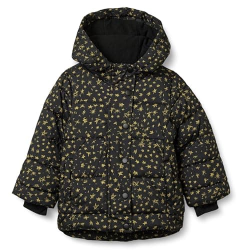 Image of Amazon Essentials Girls' Heavyweight Hooded Puffer Jacket, Black Stars, Small