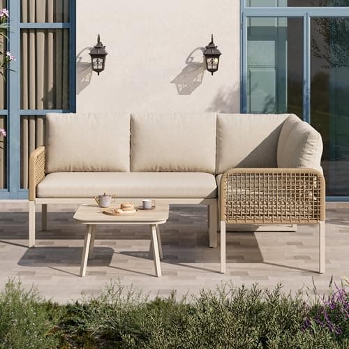 Image of Merax 4 Seater Garden Furniture Set, Outdoor Patio Corner Sofa Set with Coffee Table, Convertible Modular Rope Garden Lounge Set with Wood-Look Tempered Glass Table,Balcony Terrace Furniture, Beige