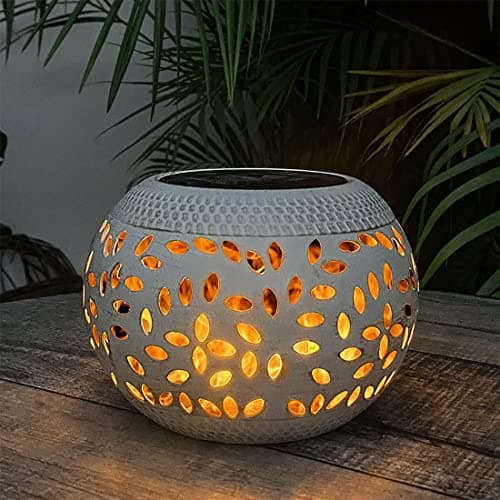 Image of pearlstar Solar Lights Outdoor Garden Vintage Metal Solar Light Table Lantern with Realistic Flickering Flame LED Decorative Outdoor Lamp Waterproof Flame Effect Garden Ornaments(1 Pack White)
