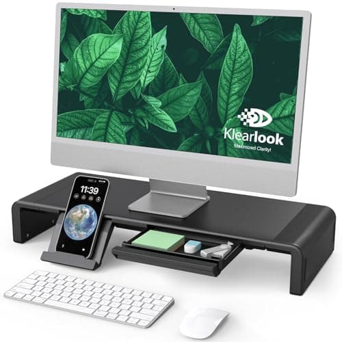 Image of Foldable Monitor Stand - Klearlook Computer Monitor Riser with Storage Drawer&Tablet Phone Stand| Width Adjustable Monitor Stands for Desks| Desk Shelf Riser for Computer, Desktop, Laptop| Black