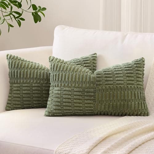 Image of Sungeek Set of 2 Decorative Cushion Covers 30 x 50cm Soft Corduroy Striped Cross Patchwork Textured Pillow Cases Boho Farmhouse Lumbar Throw Pillow Covers for Sofa Bed Patio 12x20 Inch, Olive Green