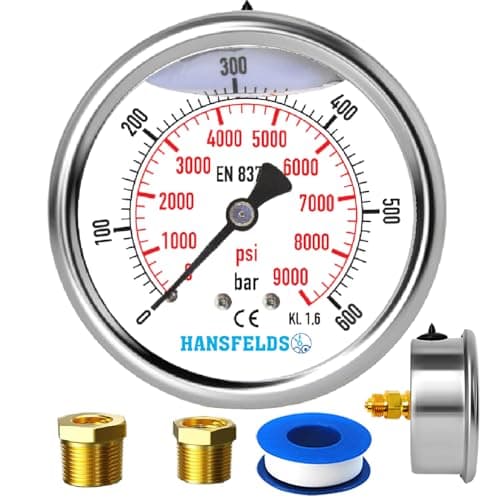 Image of Hansfelds Pressure Gauge 0–600 bar/psi, 63 mm Dial, Stainless Steel Case, Brass G1/4" BSP Back Connection, Liquid Filled (Glycerin Filled), Accuracy 1.6, incl. 2 Reducers to 3/8" and 1/2"