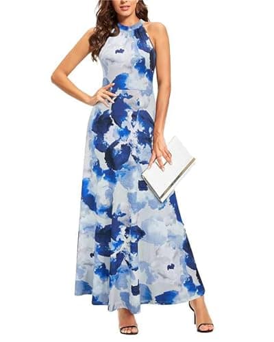 Image of STYLEWORD Women's Floral Print Sleeveless Off Shoulder Elegant Summer Dress Halter Neck Maxi Long Dress (Floral09,M)