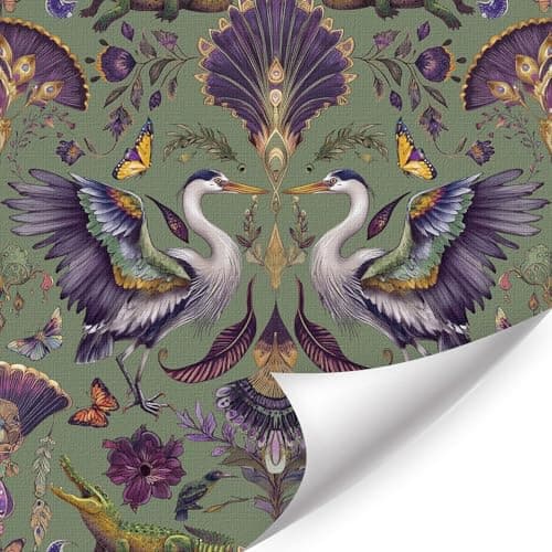 Image of ANHUIB Flying Crane Art Wallpaper Vintage Purple Flowers Peel and Stick Wallpapers(17.3”X118”) Whimsical Birds Contact Paper Symmetrical Hummingbird Rose Wallpaper for Living Room Bedroom Decoration