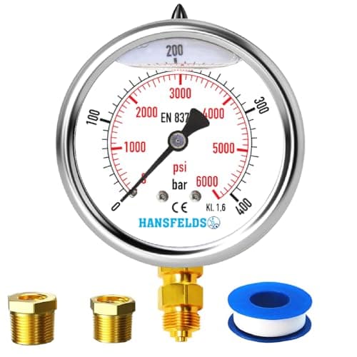 Image of Hansfelds Pressure Gauge 0–400 bar/psi, 63 mm Dial, Stainless Steel Case, Brass G1/4" BSP Bottom Connection, Liquid Filled (Glycerin Filled), Accuracy 1.6, incl. 2 Reducers to 3/8" and 1/2"