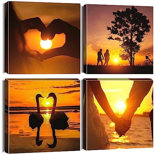 Image of Artscope 4 Pieces Wall Art Canvas Prints - Love at sunset Picture Painting - Modern Wall Artwork Framed for Gifts Bathroom Home Kitchen Office Decor - 30 x 30 CM
